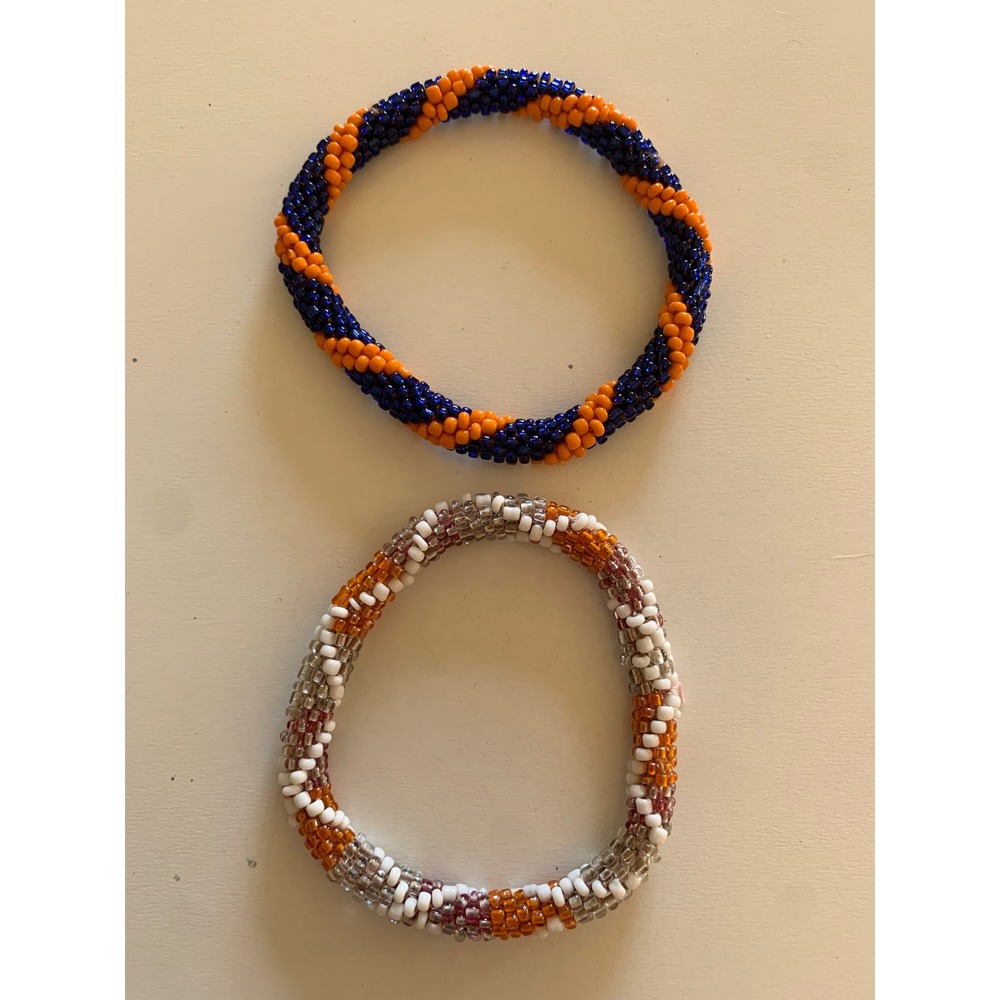 Set of 2 Seed Bead Roll On Bracelets Blue Orange White Pink Crochet Glass